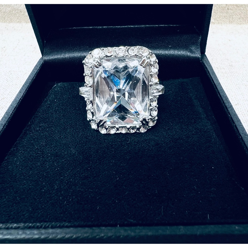 Vintage Monet Silver Tone Emerald Cut Crystal Halo Statement Cocktail Ring Size7